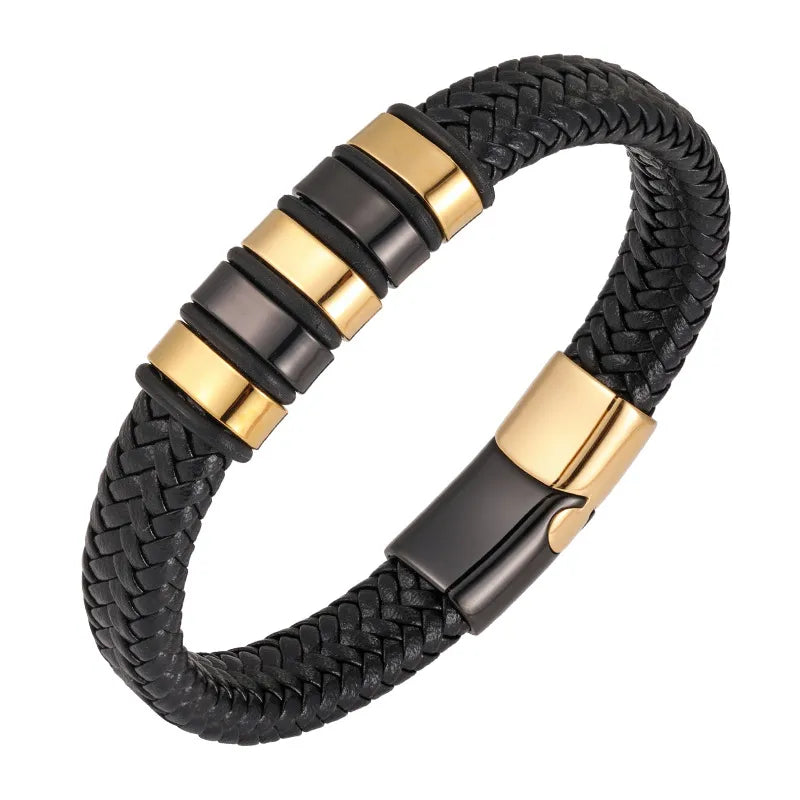Leather Cord Bracelet Men's Stainless Steel Authentic Leather Weave Bracelet Handmade Metal Leather Bangle Jewelry