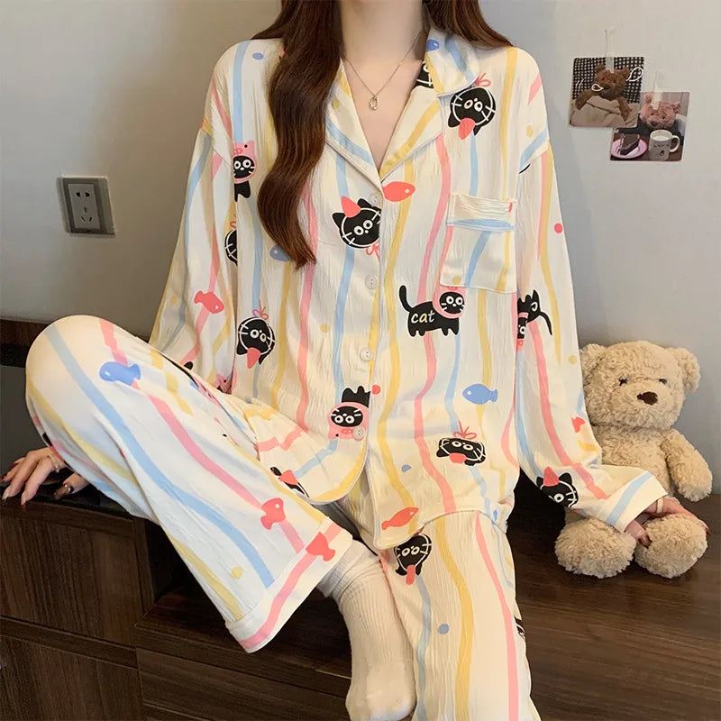 Sweet Girl Heart Print Open Cardigan Sleepwear Long Sleeve Crepe Home Clothes Set Spring New Style Casual Breathable Polyester