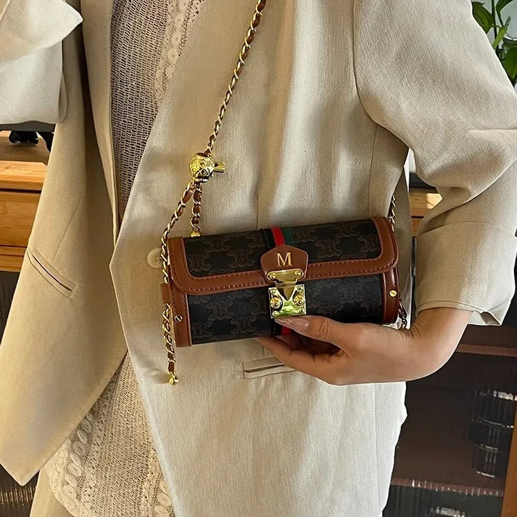 Women's Pu Leather Letter Color Block Elegant Streetwear Cylindrical Flip Cover Lock clasp Shoulder Bag