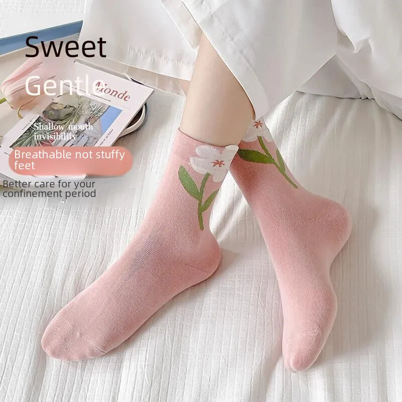 Women's socks autumn and winter New  trendy socks tulip flower women's mid-calf socks Japanese three-dimensional women's socks Zhuji