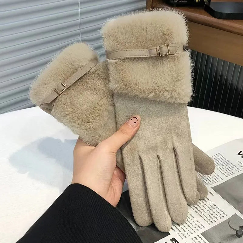 Warm Outdoor Suede Gloves Women's Winter Fashionable Windproof Cold-resistant Faux Fur Edged Gloves Bulk Shipping Available