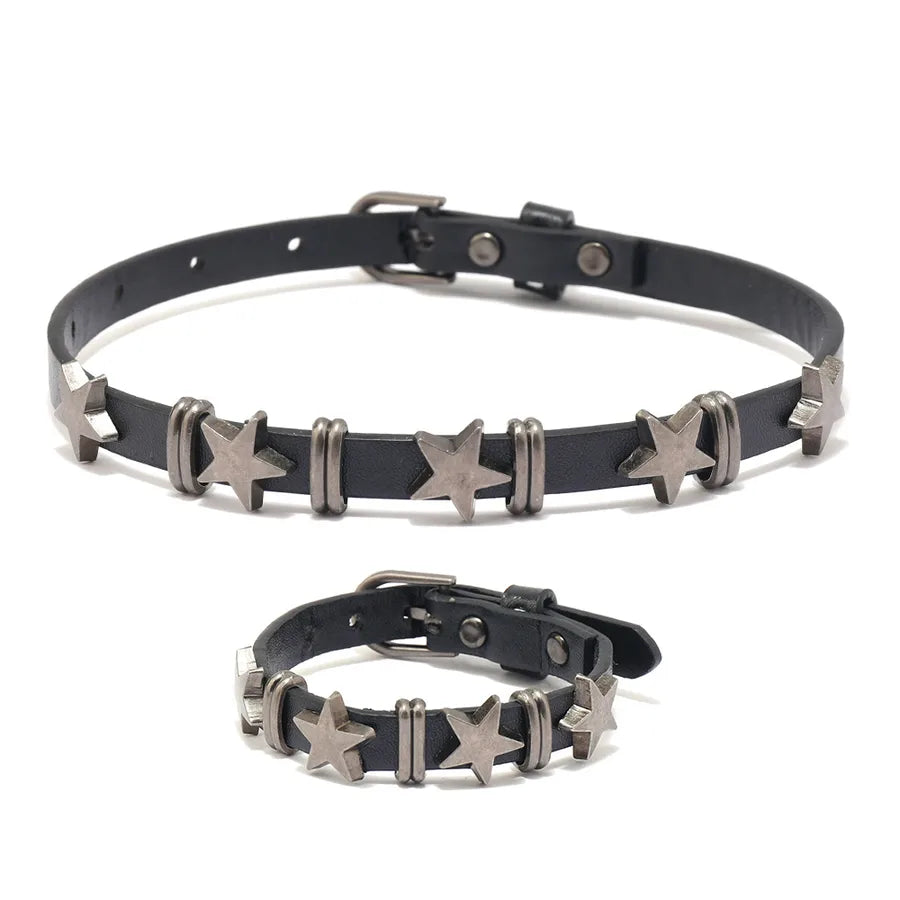 Hip-Hop Retro Punk Star Pu Leather  Unisex Bracelets Necklace Jewelry Set