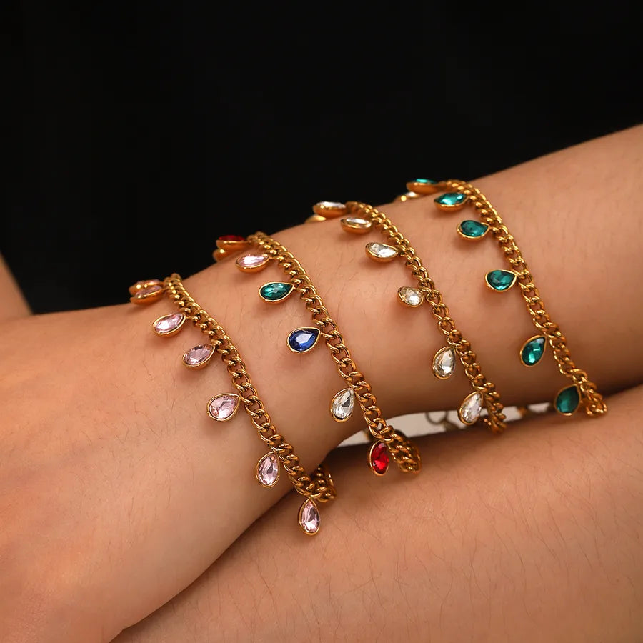 Casual Commute Water Droplets 304 Stainless Steel 18K Gold Plated Zircon cable chain Bracelets In Bulk