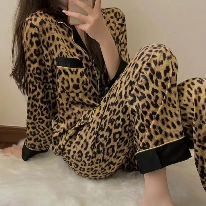 Spring Autumn Women's Long Sleeve Thin Casual Comfortable Home Clothes Set Polyester Milk Silk Medium Weight Sleepwear