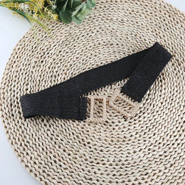 ethnic style solid color plastic straw woven belt women's woven belts
