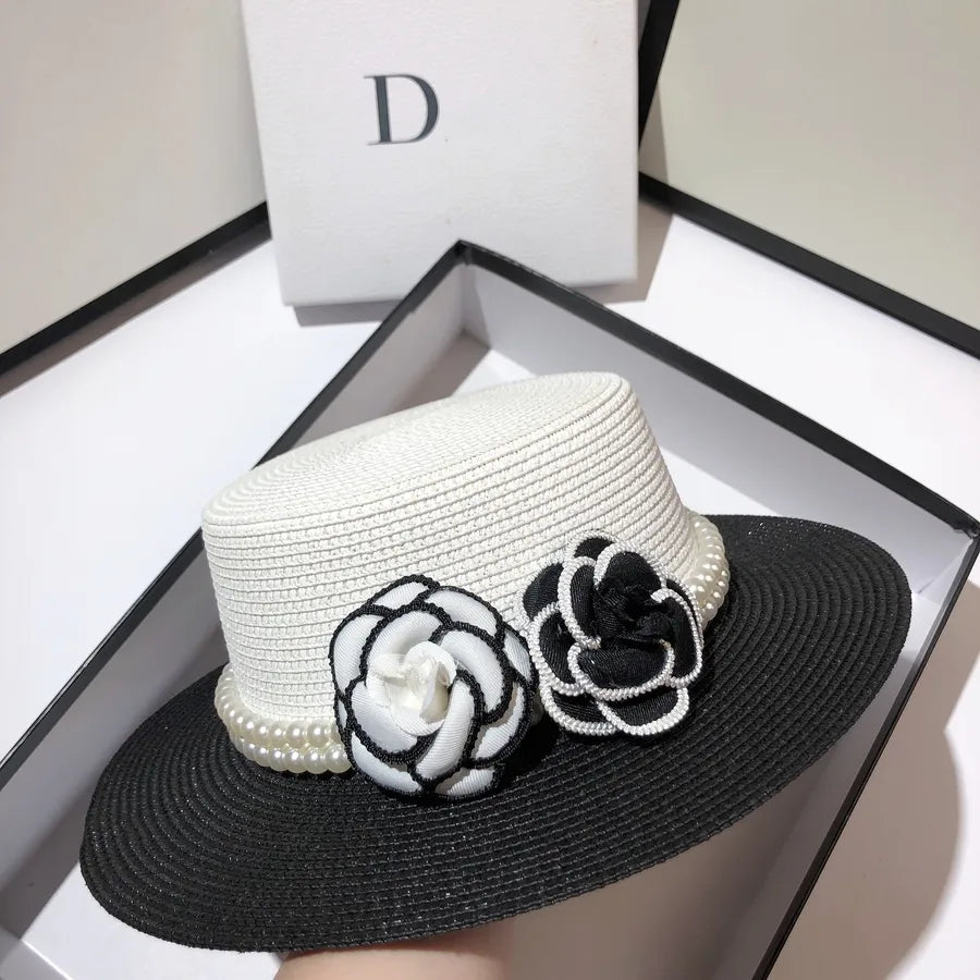 women's elegant pastoral simple style color block flowers big eaves straw hat