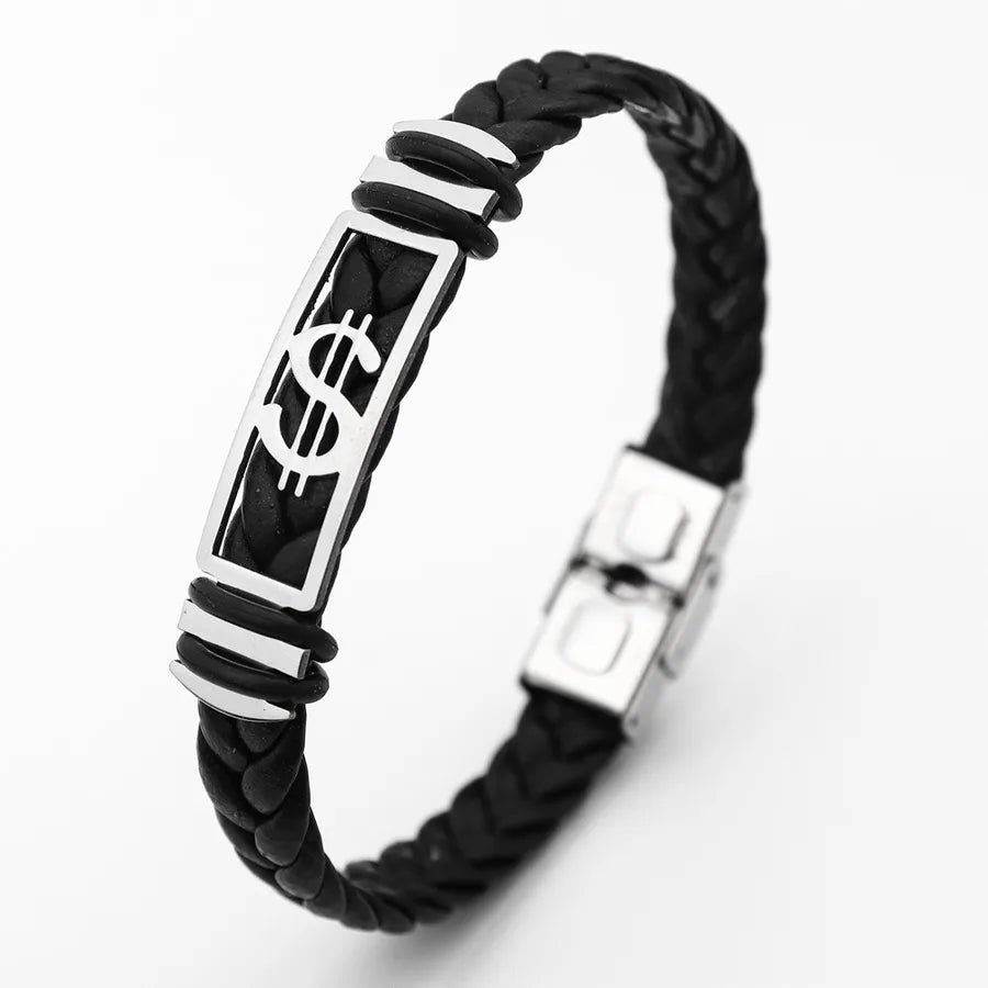 Retro Punk Solid Color 304 Stainless Steel Pu Leather Plating Men's Bangle Men Cord & Leather Bracelets