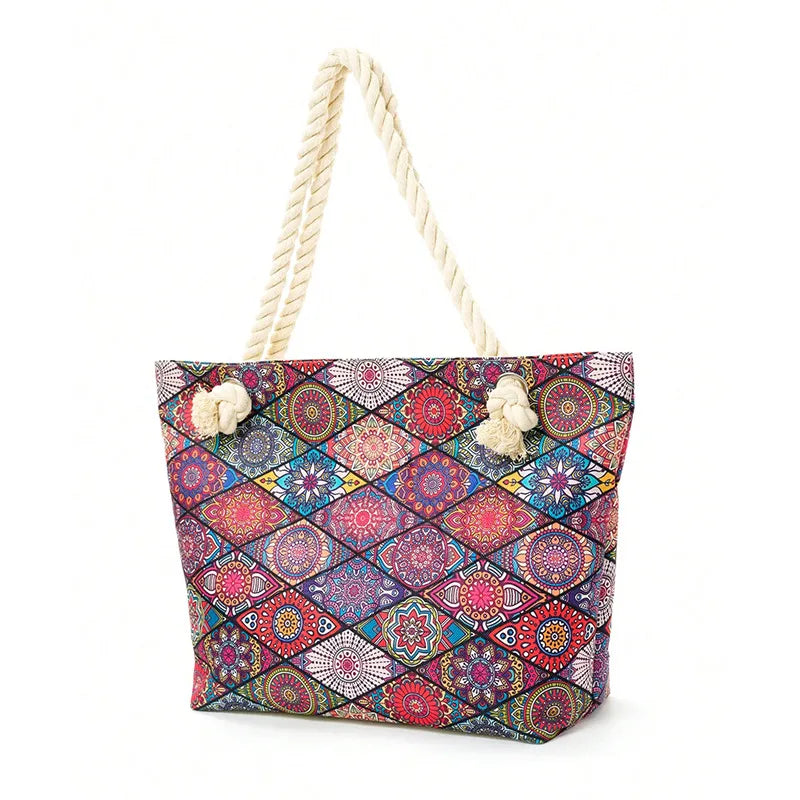 Women's Large Polyester Leaves Flower Classic Style Zipper beach bag