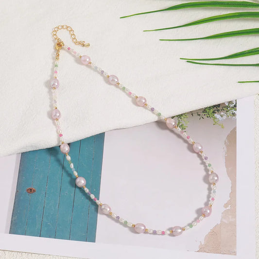 304 Stainless Steel natural stone Freshwater Pearl Vacuum Plating Beaded Chain Irregular Necklace