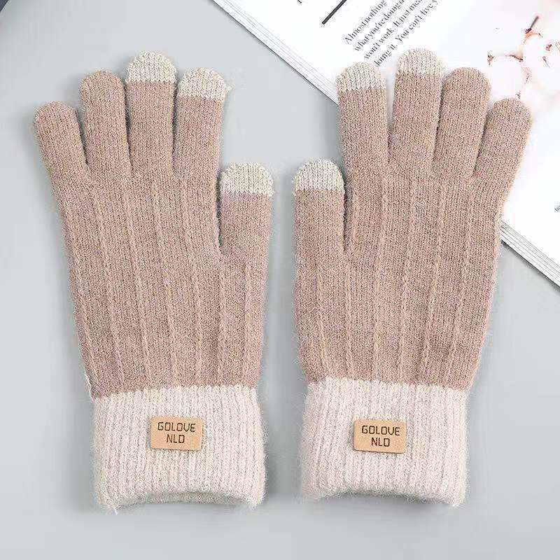 In stock autumn and winter women's knitted gloves fleece-lined thick warm cold-proof outdoor finger touch screen gloves