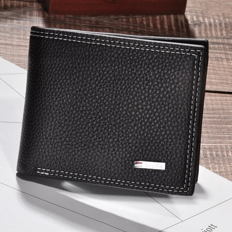 New Men's Double Line Loose-leaf Hardware Label Short Wallet Litchi Pattern Multi-card Horizontal Wallet Middle-aged and Young People's Wallet