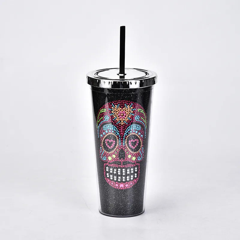 new double-layer plastic straw cup creative halloween skull head large capacity drink cup