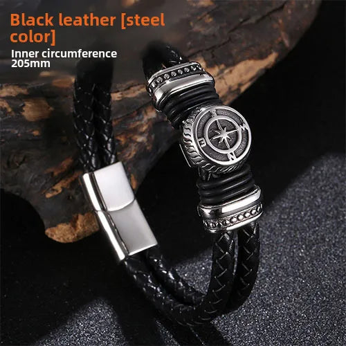 new  men's double leather woven titanium steel bracelet Viking stainless steel DIY leather rope bracelet chain