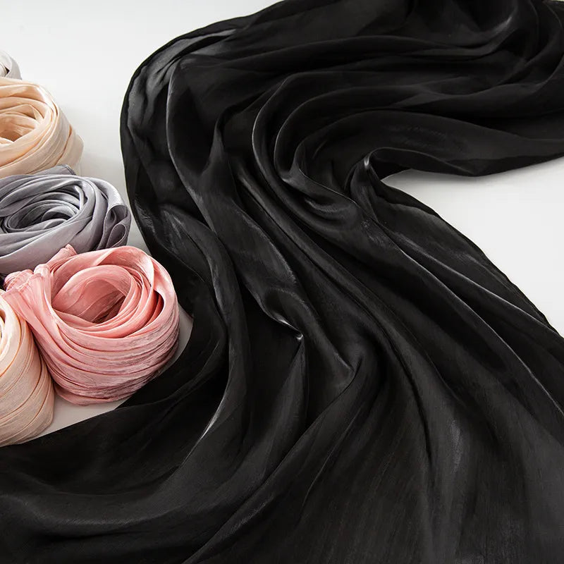 New Style Cool Breathable Bright Silk Chiffon Island Wrinkled Long Scarf Solid Color Simple Malay Indonesian Women's Bag Headscarf