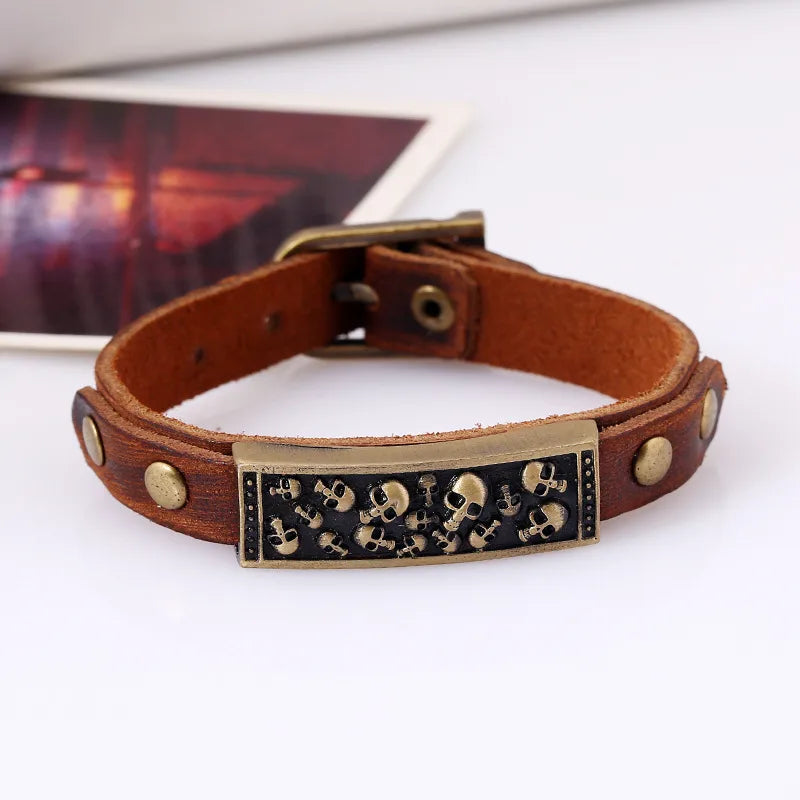 Retro Classic Style Skull Alloy Cowhide Men's Bracelets Men Cord & Leather Bracelets