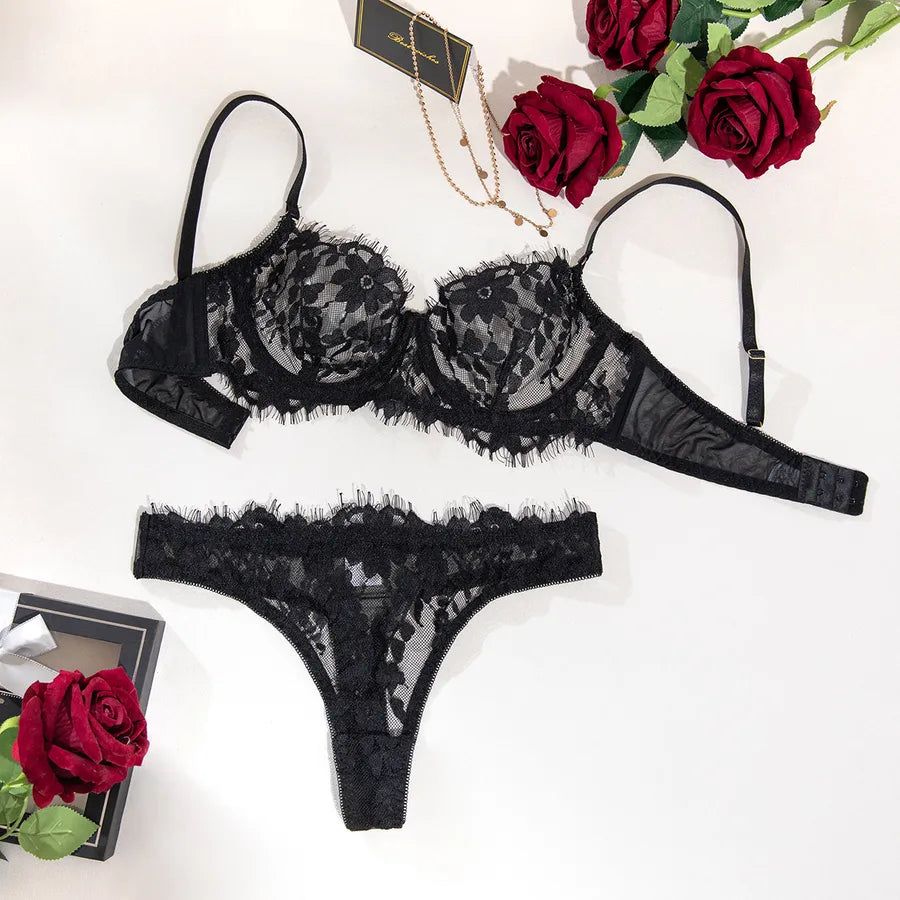 women's sexy flower sexy lingerie sets party see-through underwire bra low waist thong sexy lingerie