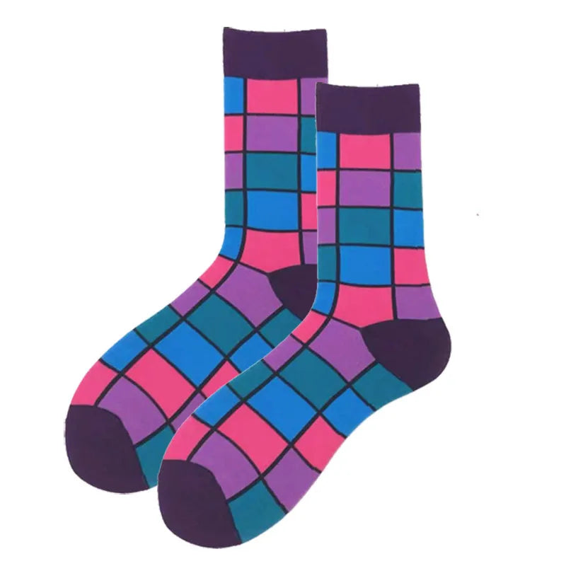 Men's Casual Stripe Lattice Cotton Jacquard Crew Socks 10 Pairs Per Pack