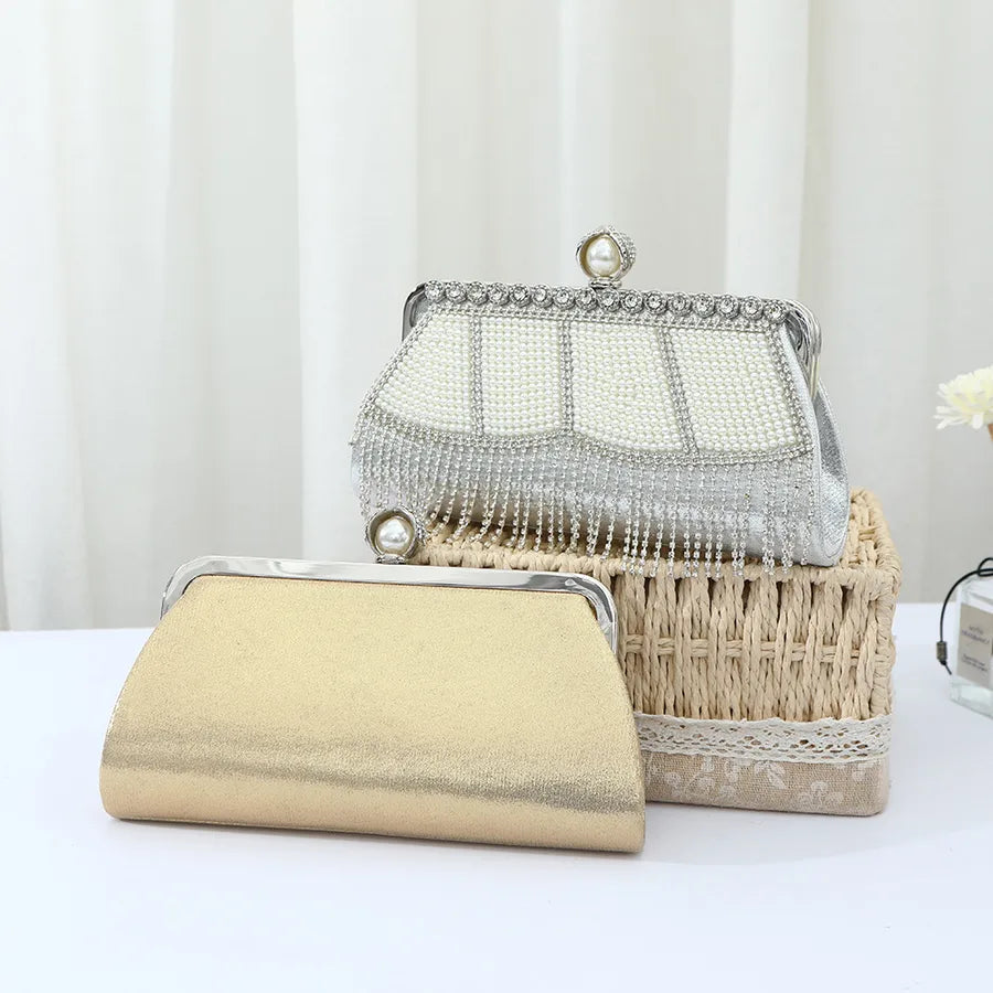Heavy Industry Tassel Evening Bag Diamond-inlaid Pearl Chinese Cheongsam Handbag Holiday Wedding Dress Bag Banquet Bag