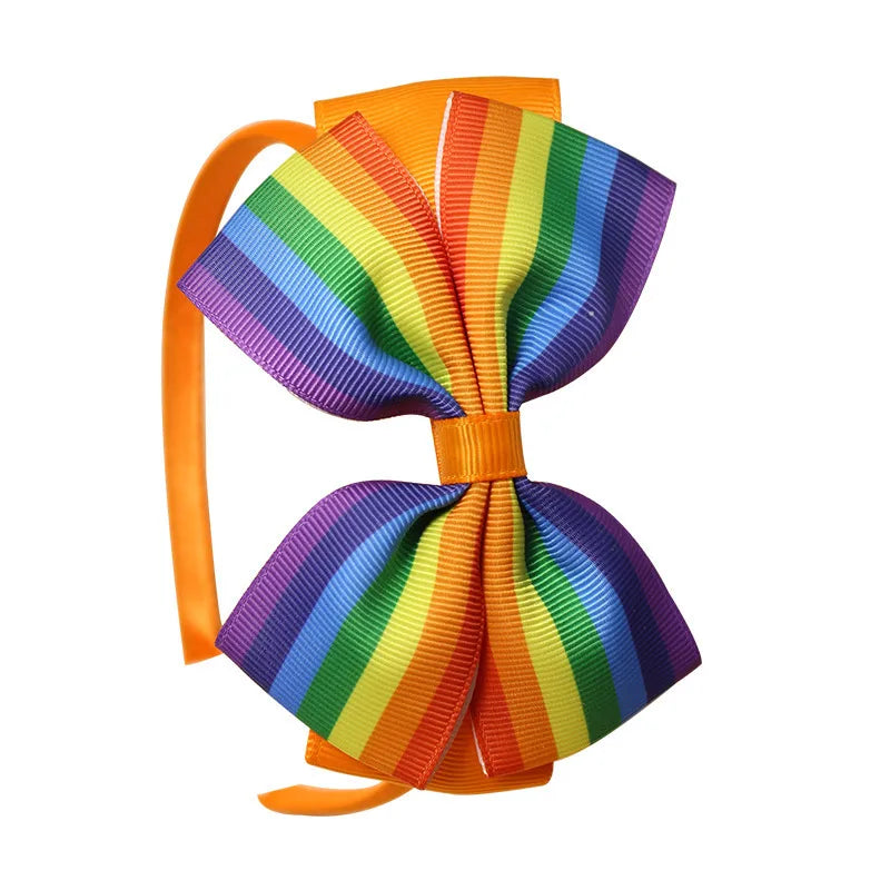 Popular  Kidsren's Pure Color Ribbed Rainbow Bow Head Buckle Small Fresh Versatile Girl Headband Hot Sale