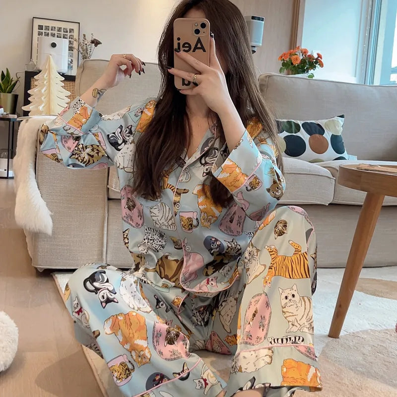 Pure Color Lace Splice Smooth Ice Silk Sleepwear Set Women Long Sleeve Long Pants Two Piece Set High-End Sensation Home Clothes