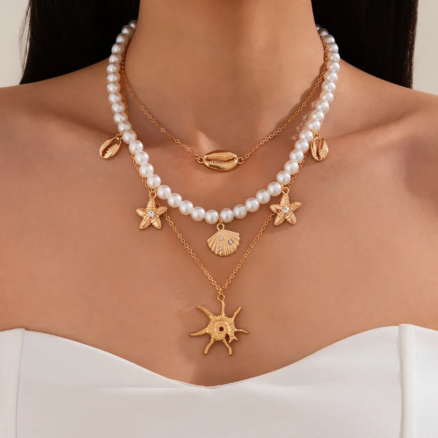 Hawaiian Starfish Imitation Pearl Alloy Copper Beaded Chain Beaded Necklaces Wholesale