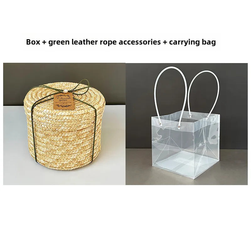 Round Straw Box with Lid Hug Bucket Rattan Hand Gift Box Baking Wedding  Storage Handmade Woven Box