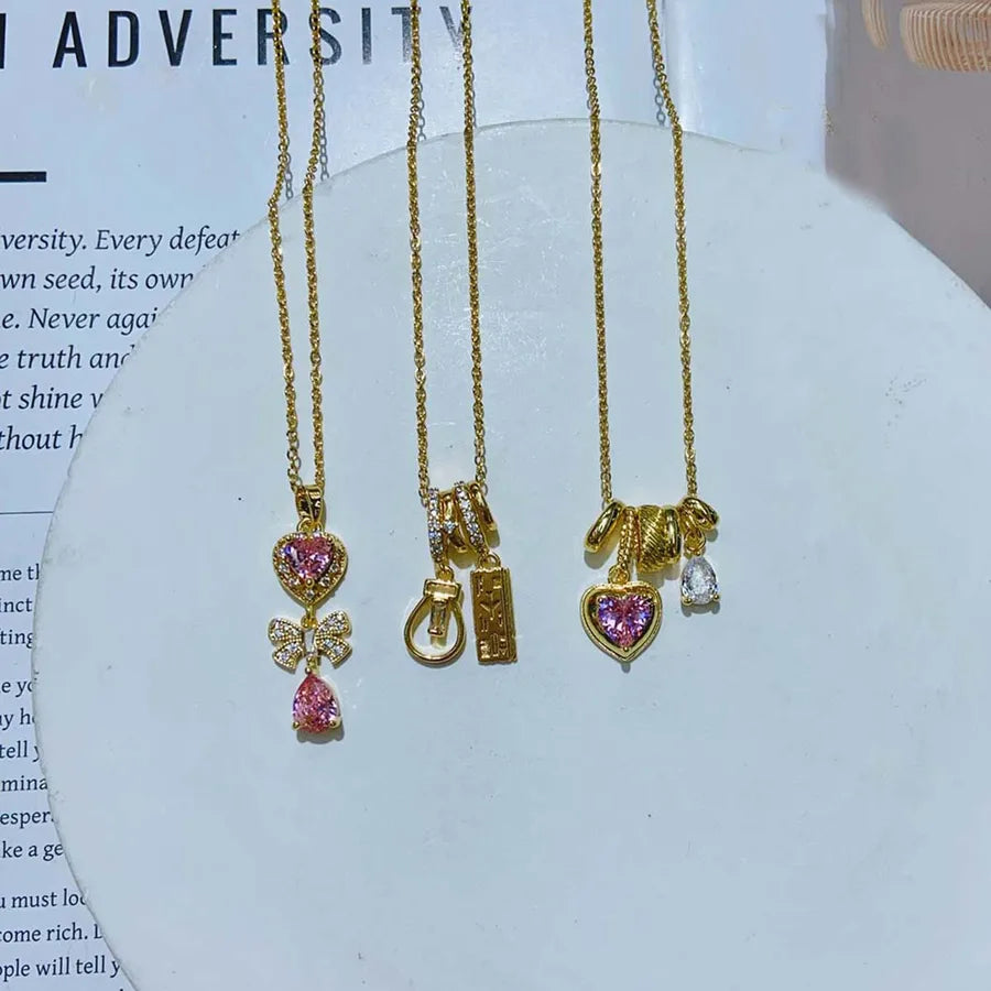 Wholesale Jewelry Casual Romantic Artistic Water Droplets Heart Shape 304 Stainless Steel Copper Zircon 18K Gold Plated Plating Inlay cable chain Pendant Necklace