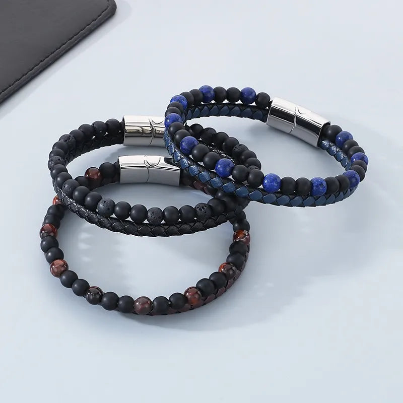 Business Geometric 304 Stainless Steel Microfiber Leather Men's Bangle Men Beaded Bracelets