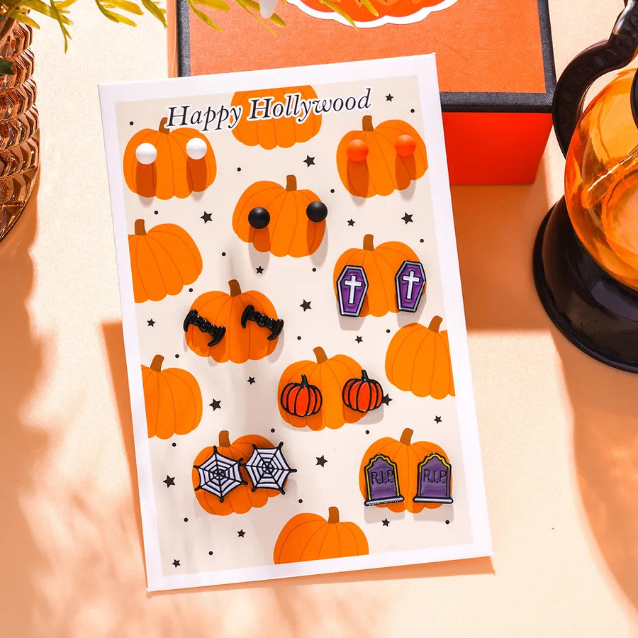 Creative Halloween Series Alloy Pumpkin Bat Women's Earrings 8 Pairs Cartoon Design Zinc Alloy Personalized Jewelry Accessories