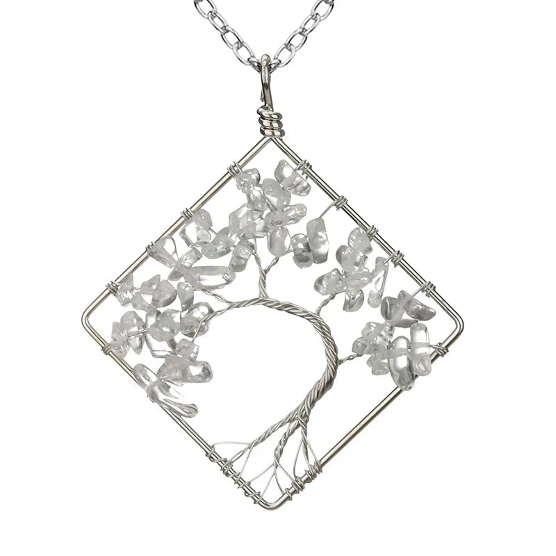fashion square tree natural stone crystal metal beaded hollow out pendant necklace 1 piece