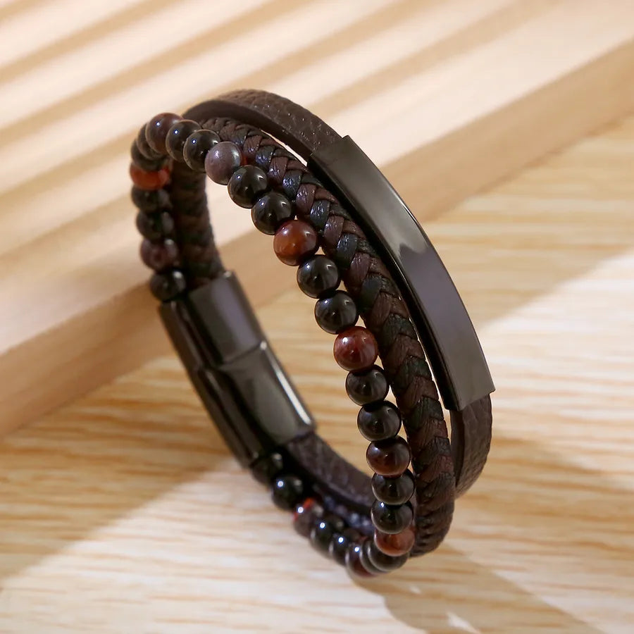 Business Argyle Stainless Steel Pu Leather natural stone Beaded Knitting Men's wristband