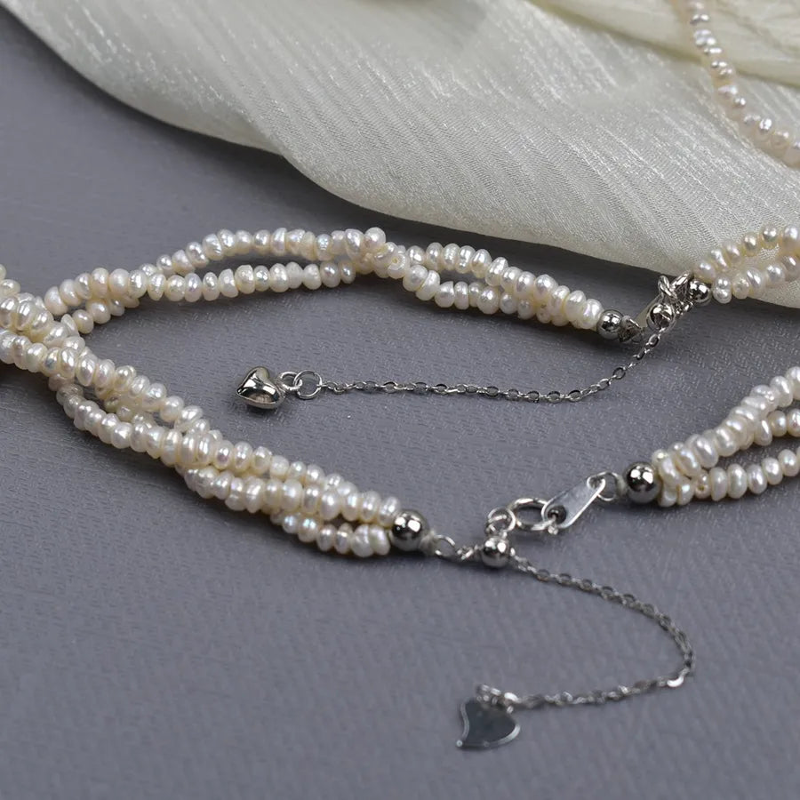 Natural Freshwater Pearl Necklace Simple Style Three-Layer Double-Layer Twisted Chain Small Flat Beads 2-3mm Jewelry Accessory