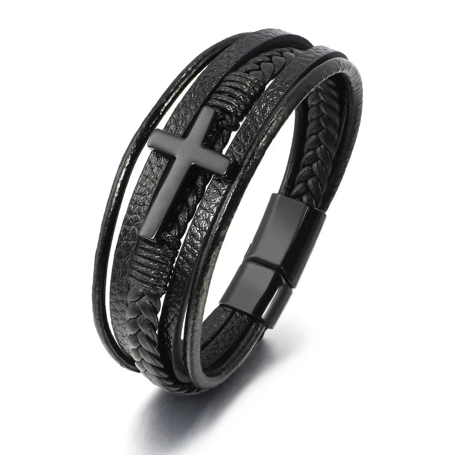 ethnic style cross pu leather braid men's wristband