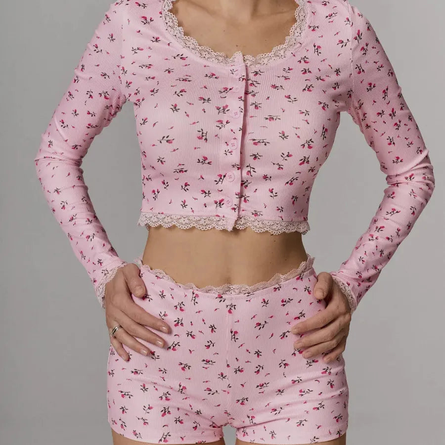 Home Women's Casual Ditsy Floral Polyester Lace Shorts Sets Pajama Sets