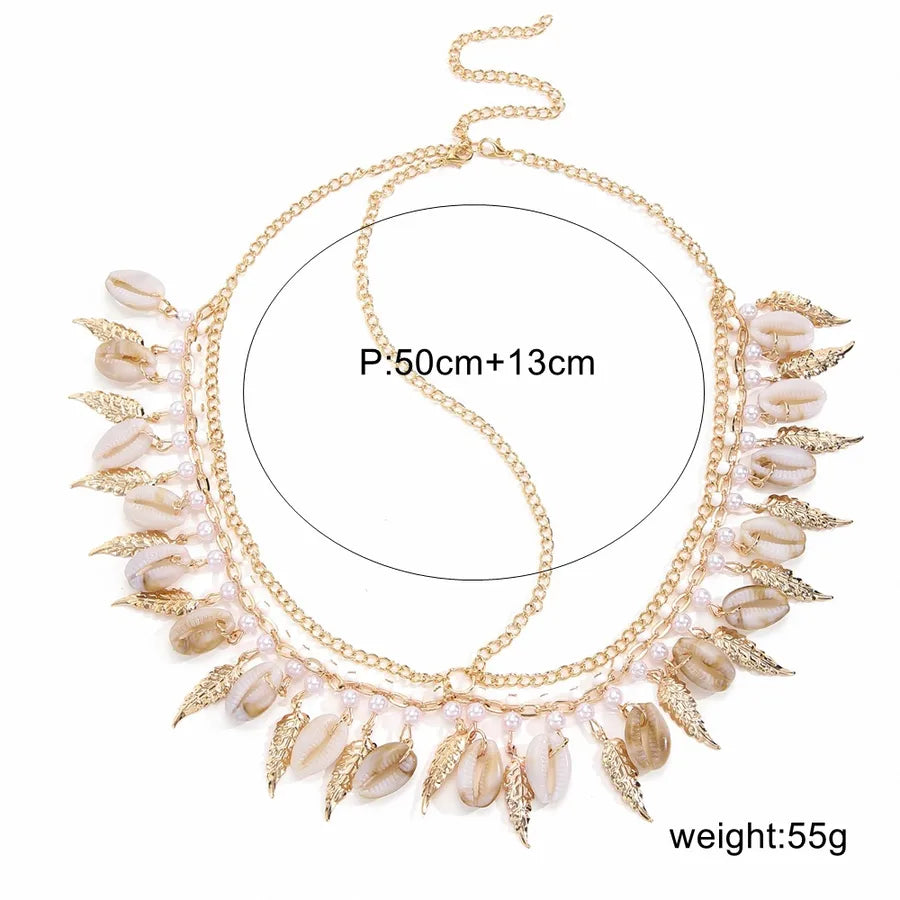 Handmade Fashion Pearl Leaf Shell Tassel Women's Headwear Alloy Leaf Pattern European Style Hair Accessories Popular New Model