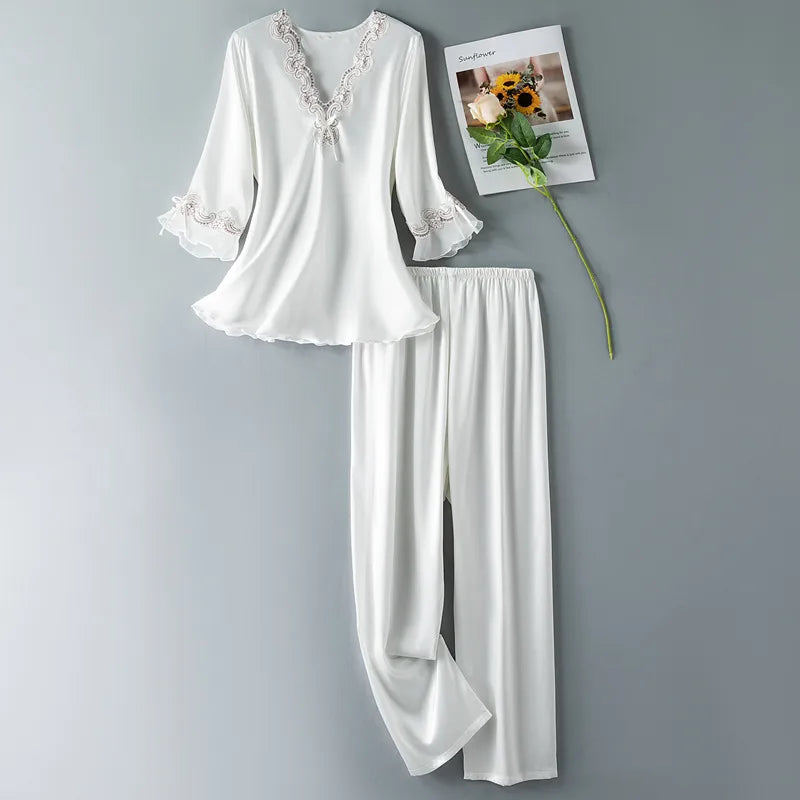 Large Size Spring and Autumn Elegant Thin Seven-point Sleeve Silk-like Women's Suit Embroidered Lace Two-piece Home Clothes