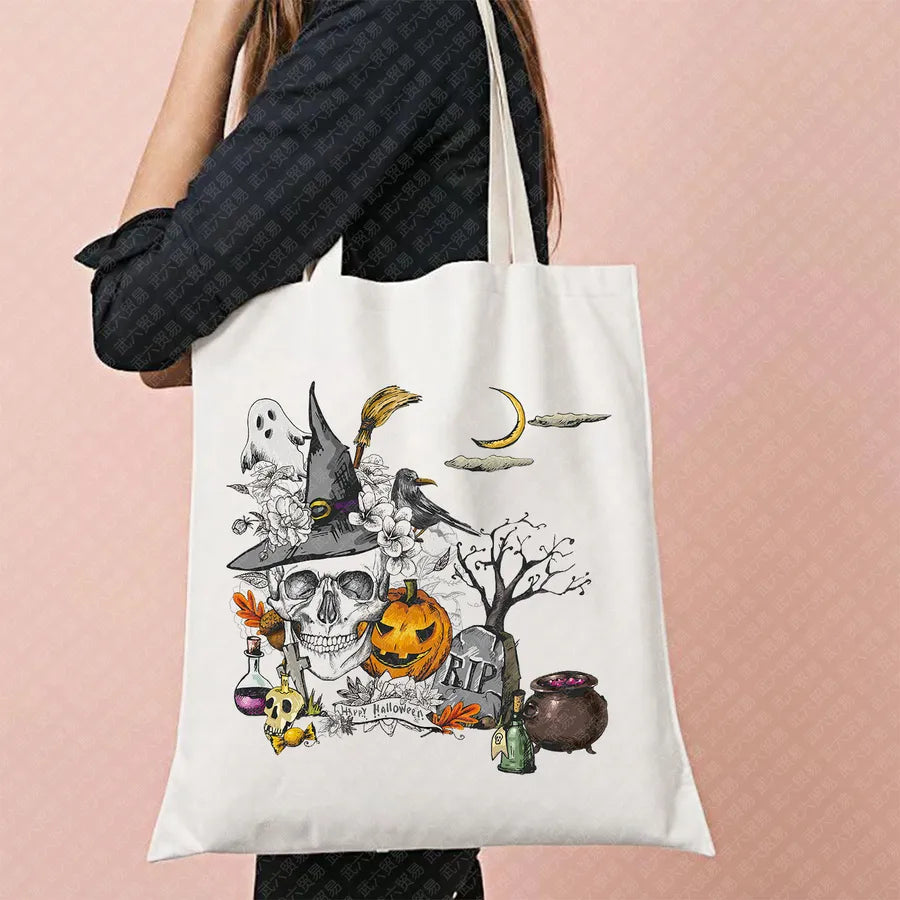 Halloween Movie Pattern Canvas Tote Bag Reusable Shopping Shoulder Bag Travel Large Square Printed Handbag Retro Style Women