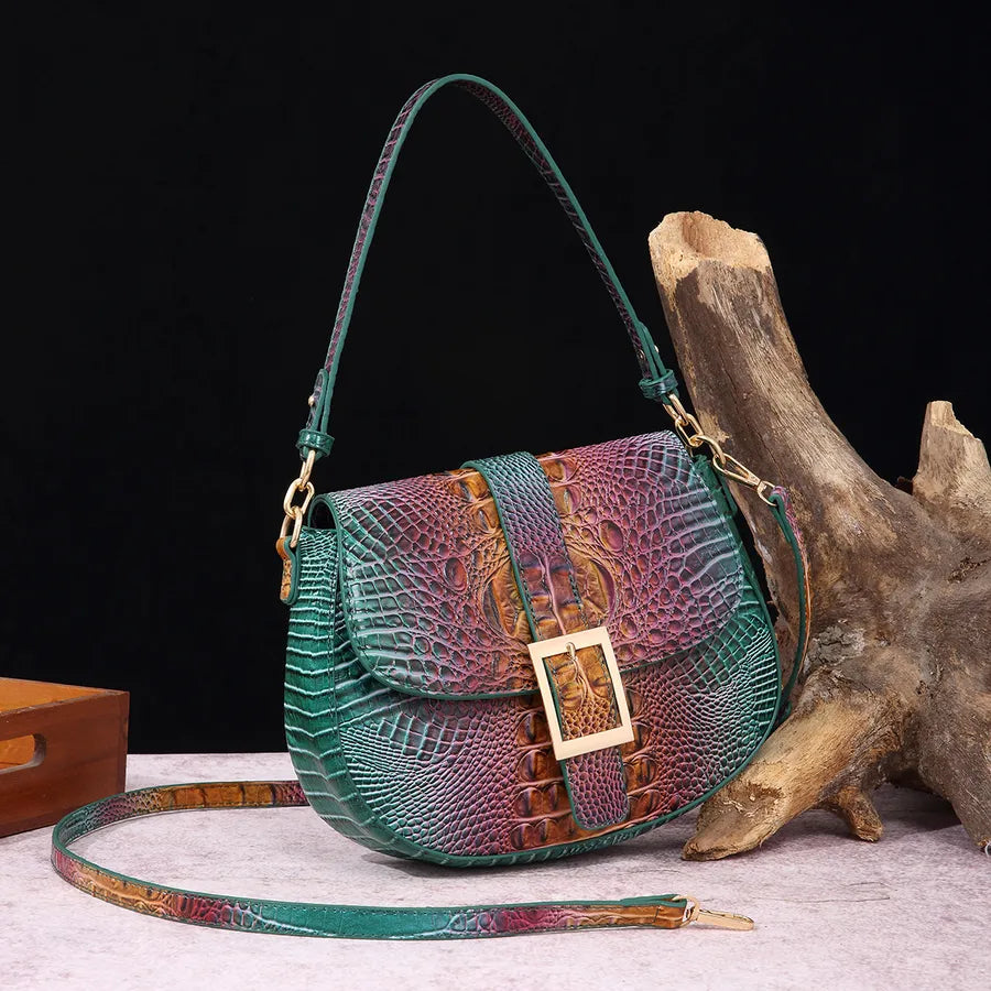 Women's Medium Pu Leather Crocodile Elegant Vintage Style Oval Buckle Crossbody Bag