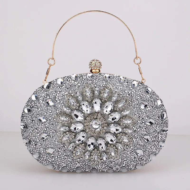 red green blue pu leather polyester flower rhinestone oval evening bags