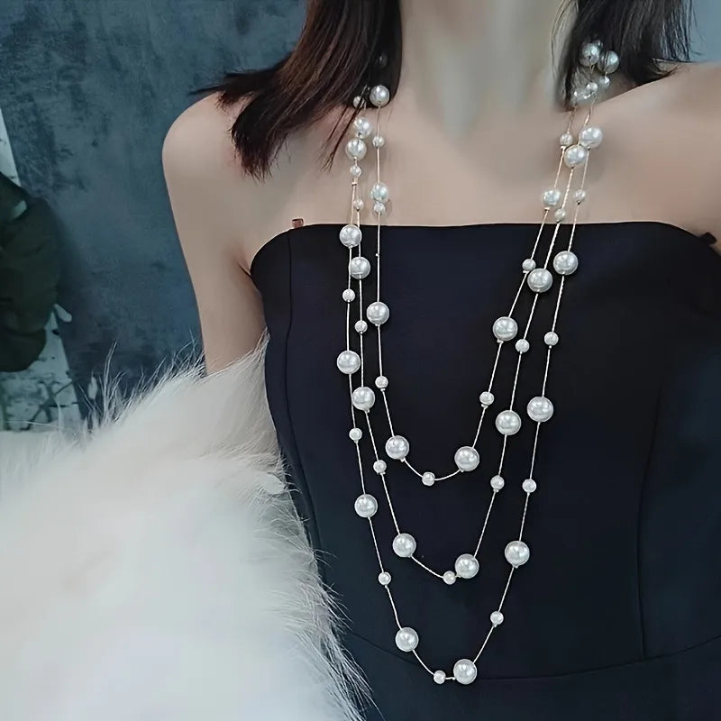 simple style solid color artificial pearl beaded plating gold plated silver plated women's layered necklaces