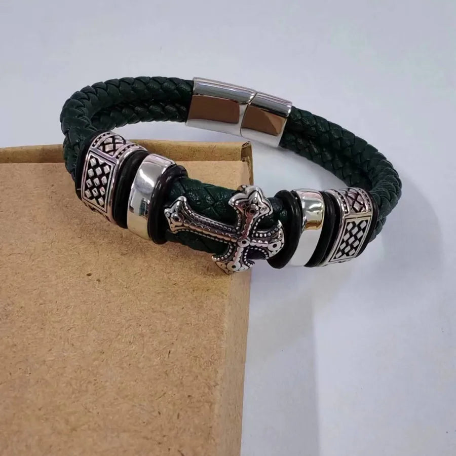 popular leather cross stainless steel bracelet metal accessories genuine leather bracelet men's bracelet jewelry
