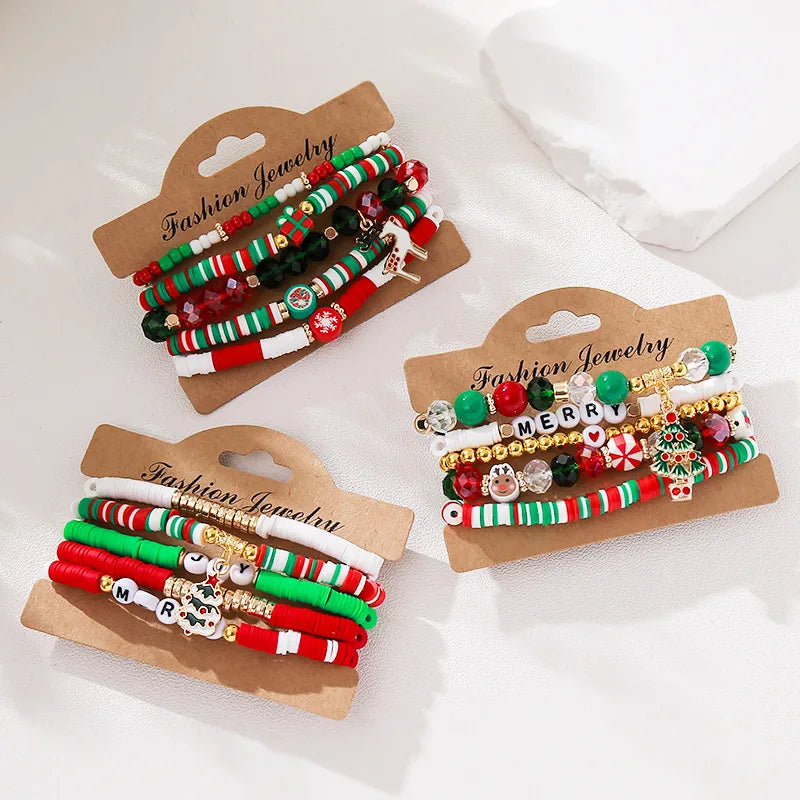 Handmade Christmas Letter Color Block Soft Clay Beaded Bracelet Festival Gift Women's Handmade Wristband Geometric Pattern