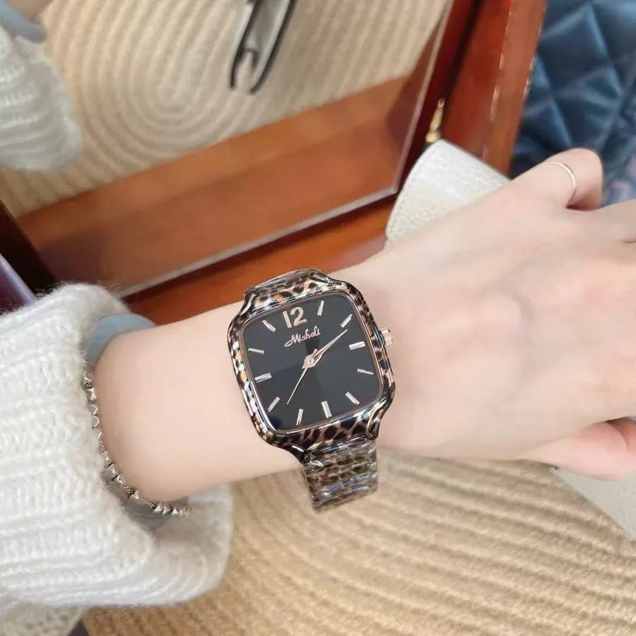 Mishali Square Large Dial Fashionable Women's Watch Stainless Steel Strap Leopard Print Casual Style Quartz Movement Mineral Glass