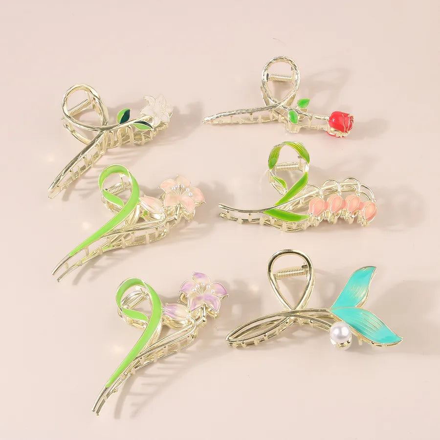simple style New style sunflower tulip grain imitation pearl alloy inlay rhinestones hair claws