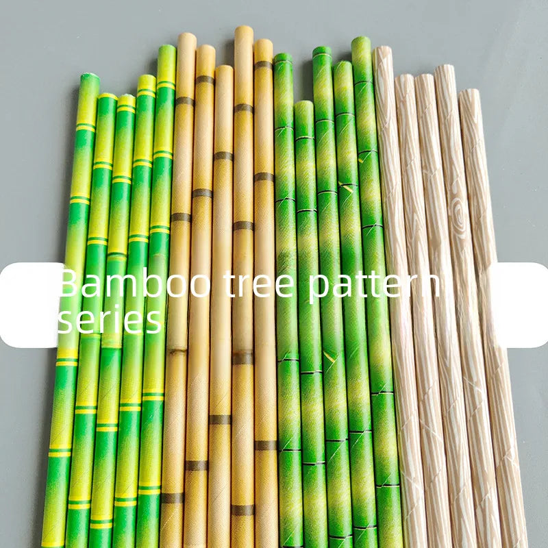 Multicolor Flat Bamboo Pattern Paper Straw Paper Straw