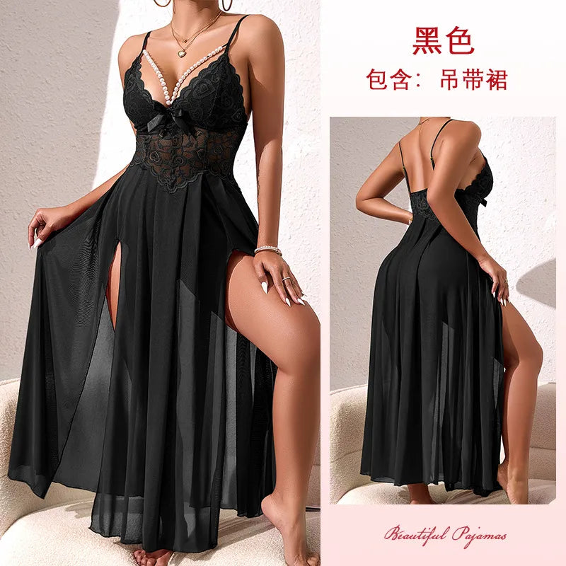 New Pearl Trimmed Backless Sleep Dress Multicolored Sexy Mesh Side Slit Seductive Strap Gown Irresistible Summer Nightgown