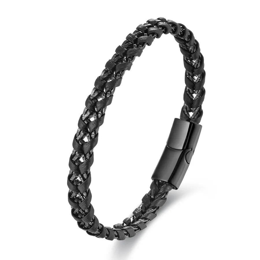 Retro Punk Geometric 316L Stainless Steel  Pu Leather Polishing Men's Bracelets Men Cord & Leather Bracelets