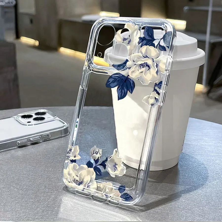 Elegant Blue Floral Design Phone Case For iPhone 15 Pro Max Transparent Space Style Apple 14 Hole Precision TPU Protective Cover