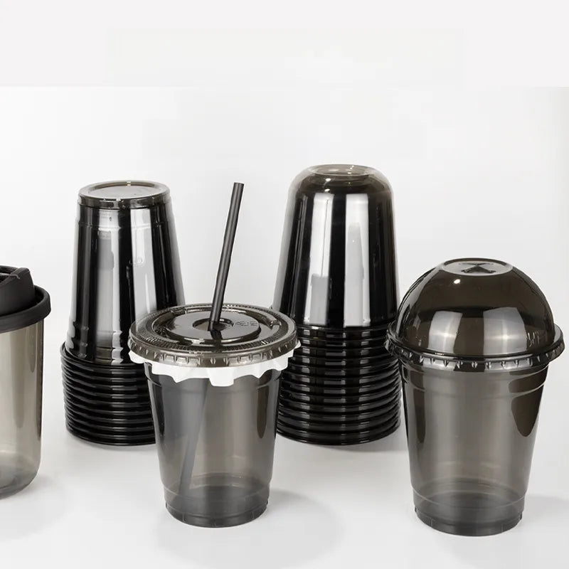 Horn flower disposable cup black plastic ice coffee cup PET cold drink Net red milk tea small black cup with lid