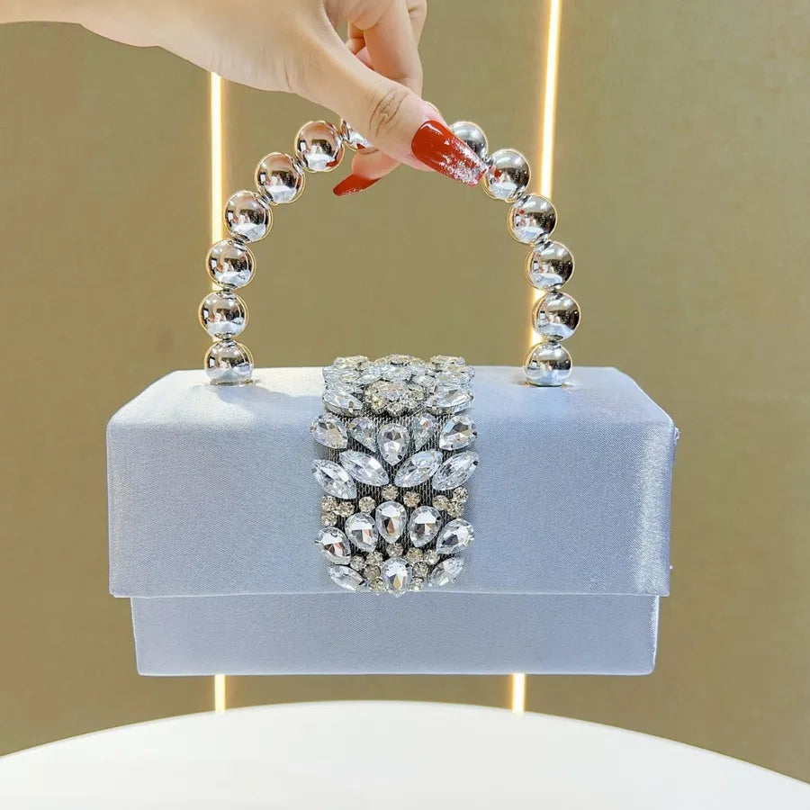 Shiny French Style Silk Satin Surface Pearl Box Handbag Women's Crossbody Bag For Party Elegant Fashionable Square Bag